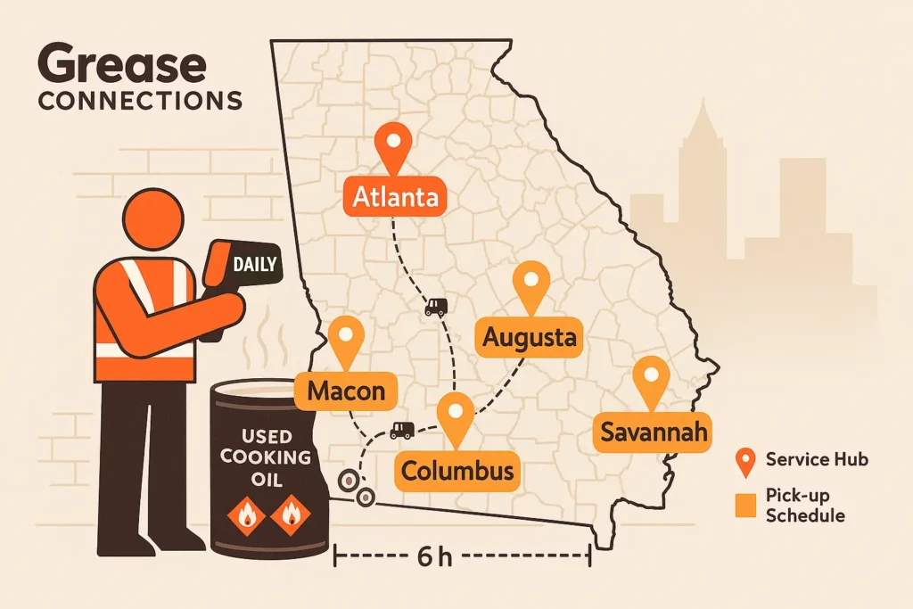 Georgia map highlighting Atlanta, Savannah, Augusta, Macon, and Columbus with Grease Connections service icons.