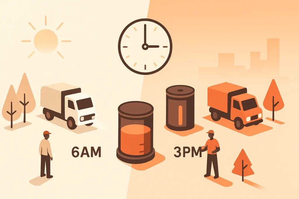 clock icons at 6 a.m. and 3 p.m. framing a vacuum truck
