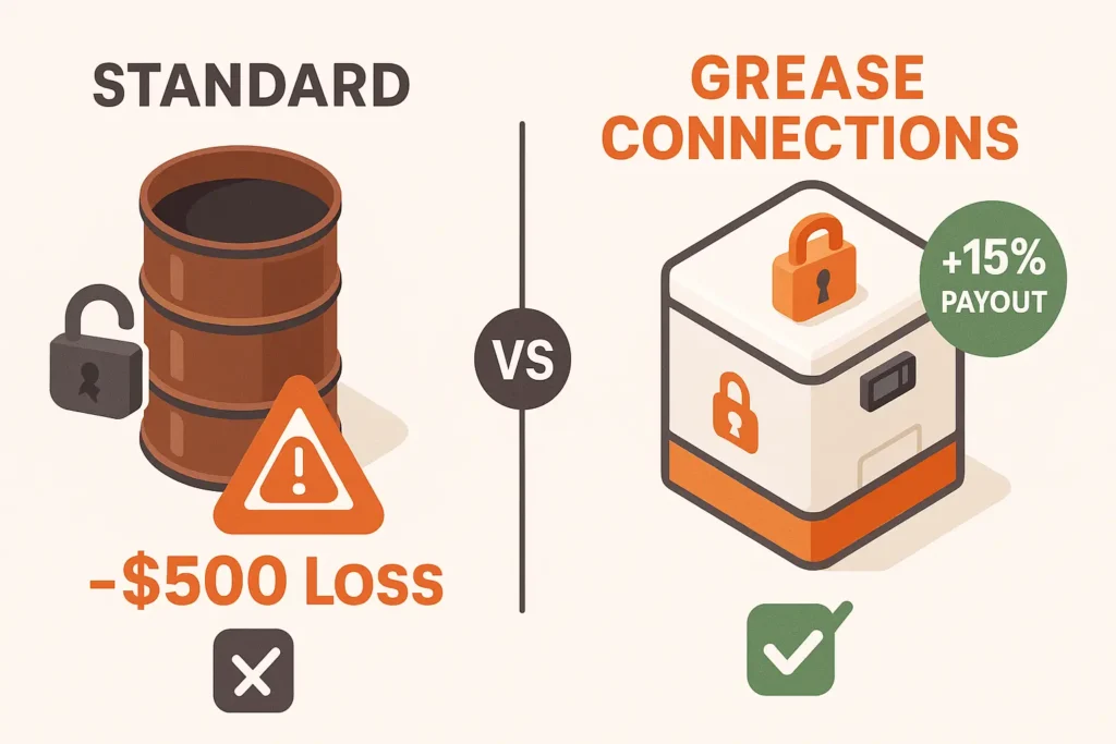 left standard open barrel with theft loss icon; right lock seated Grease Connections tote with "+15 % payout" badge.