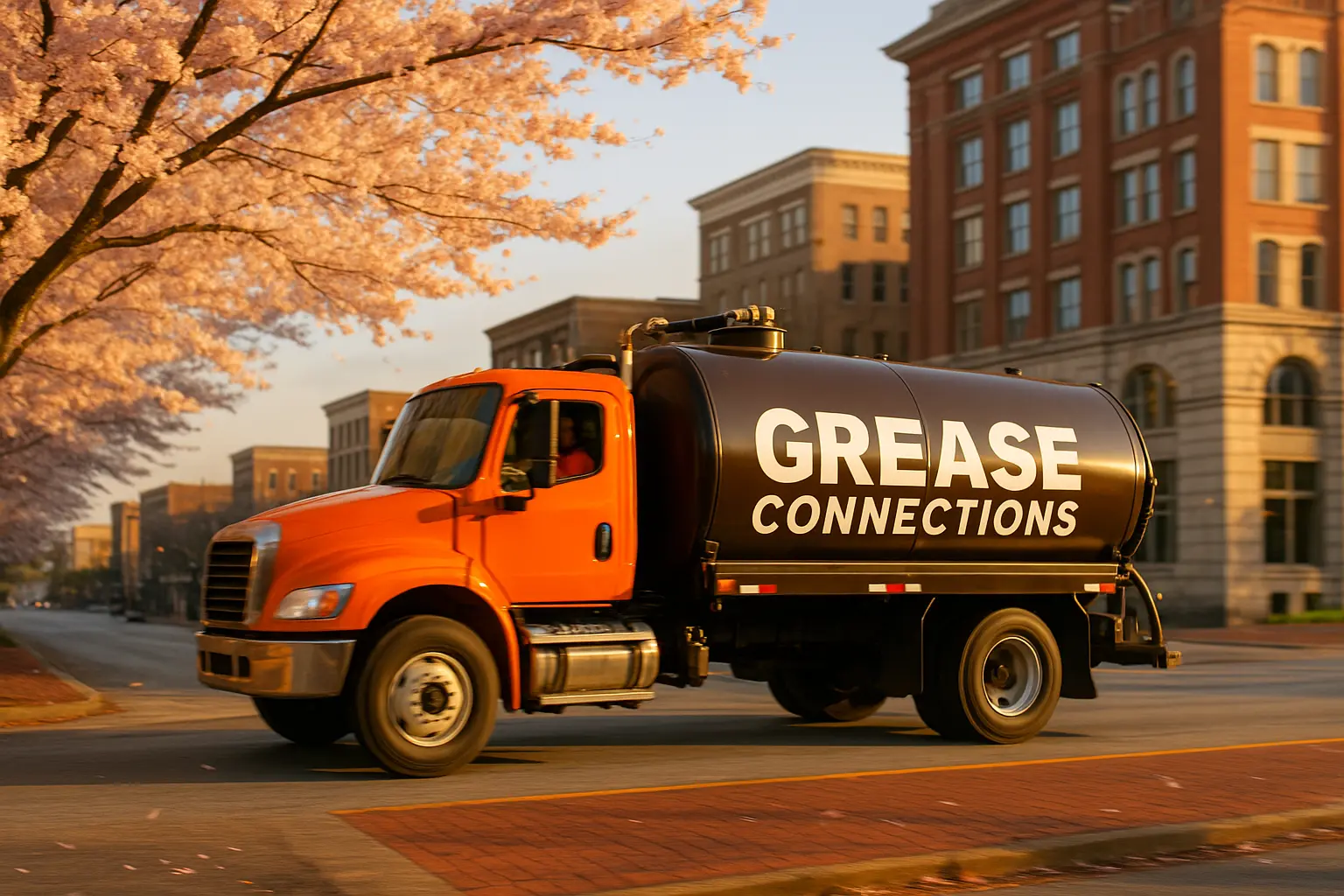 Sunrise over downtown Macon Georgia skyline with commercial grease collection tank in foreground