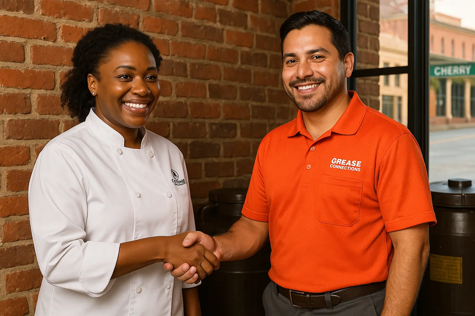 Macon restaurant chef greeting Grease Connections service technician with handshake outside downtown location