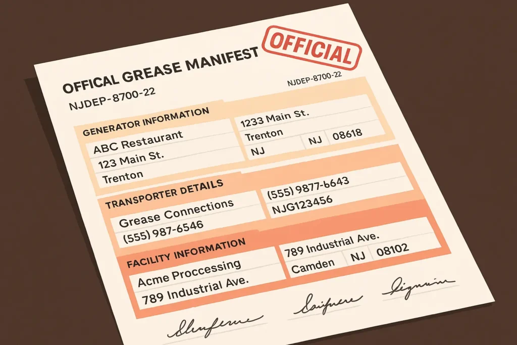 close up of a stamped NJ grease manifest with generator, transporter, and facility sections highlighted