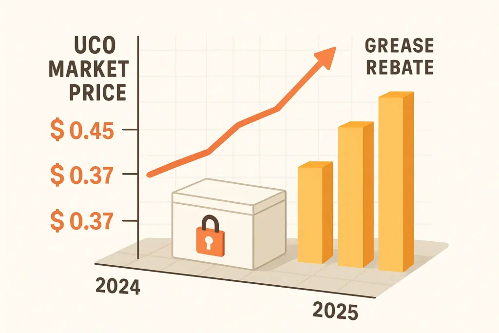 simple chart showing UCO market price line climbing next to a grease rebate bar rise