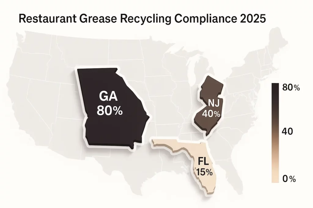 Georgia’s enforcement darkens the map; Florida stays pale.