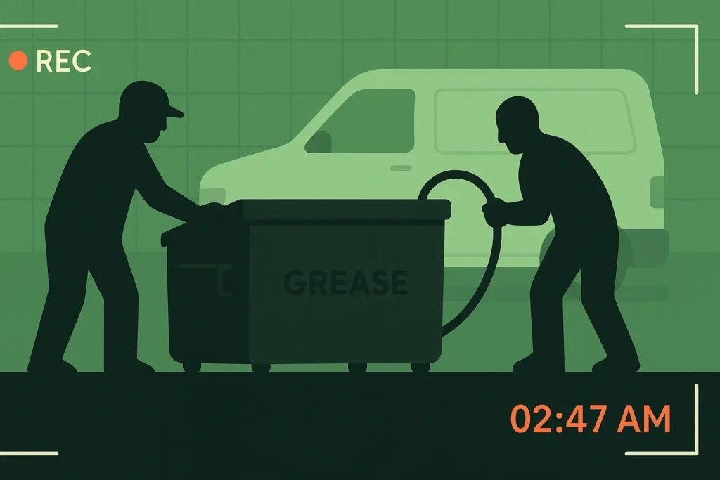 night vision still of thieves siphoning oil beside a dumpster style grease bin