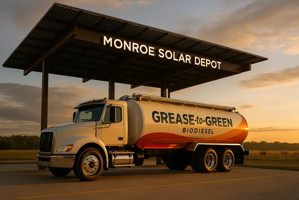 Used cooking oil pickup truck powered by recycled fryer oil servicing Alpharetta restaurant"