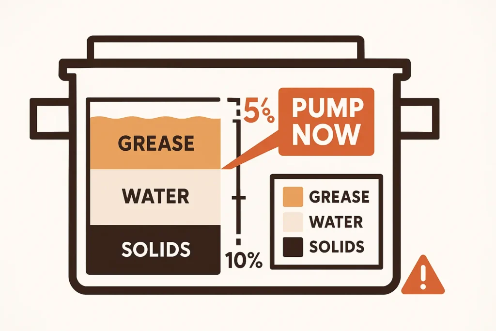 Cut away infographic of a grease interceptor showing the grease layer at exactly 25 % to illustrate pump out trigger.