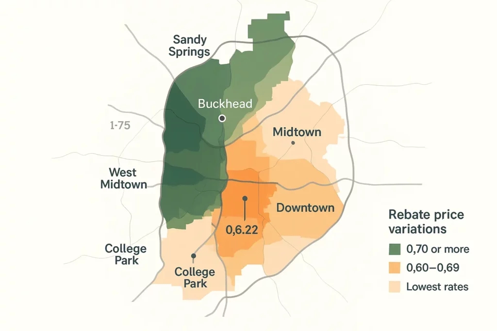 Heat map graphic overlaying rebate ranges on an Atlanta neighborhood map