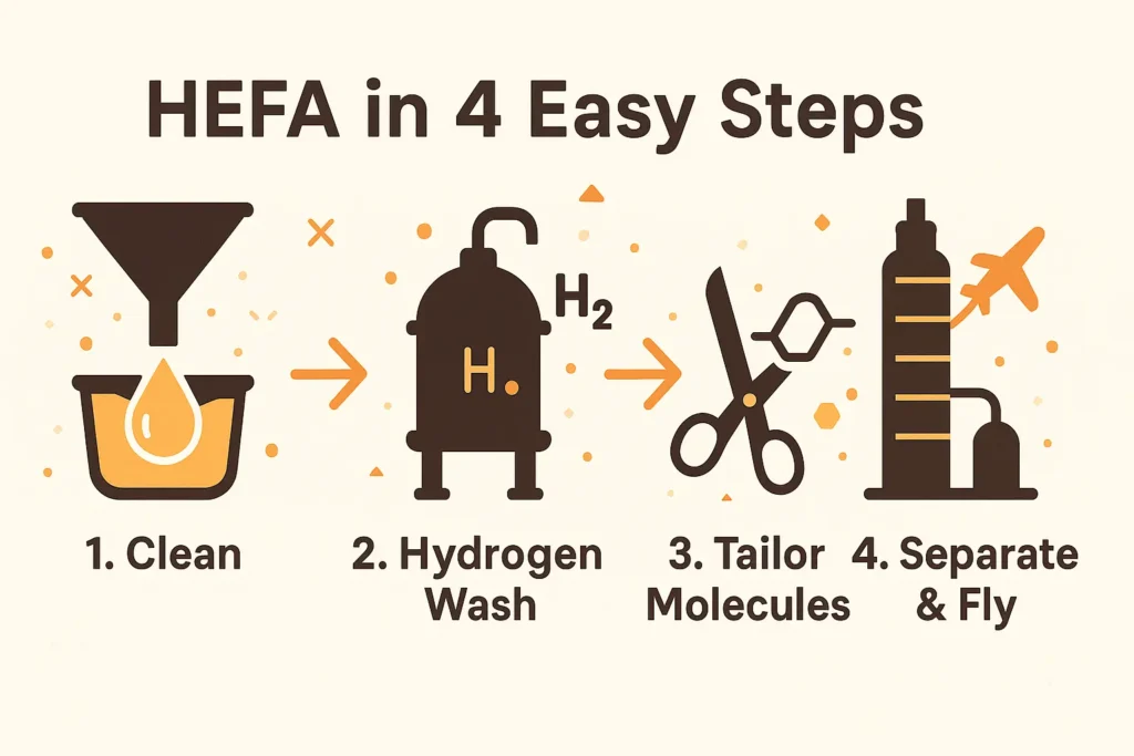 simplified flow diagram: pretreatment tank, hydrodeoxygenation reactor, hydrocracking/isomerization reactor, final jet fuel tank