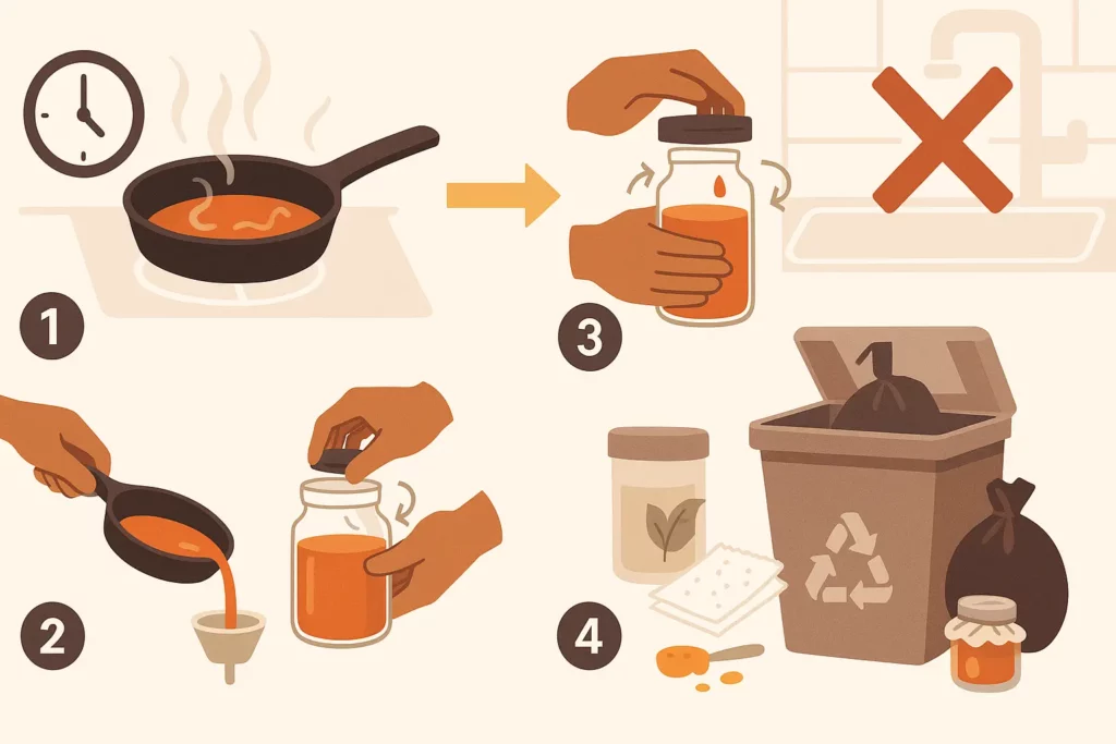 Flat illustration showing 4 steps to dispose of grease safely at home