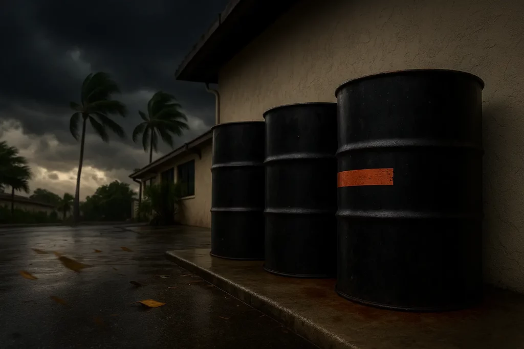 wind whipped palm trees behind a row of fryer oil drums, "Outdoor oil drums before storm."