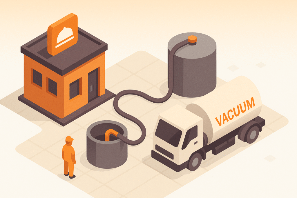 Isometric illustration of driver vacuuming oil from a code rated outdoor tank into a partitioned truck.