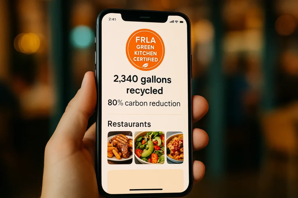 Smartphone close up of a delivery app profile displaying the FRLA emblem and sustainability stats overlay.
