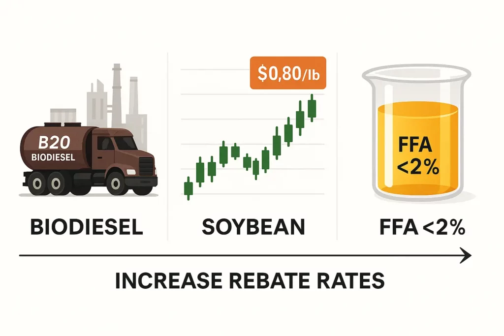 Split screen graphic showing biodiesel tanker, soybean chart, and crystal clear fryer oil