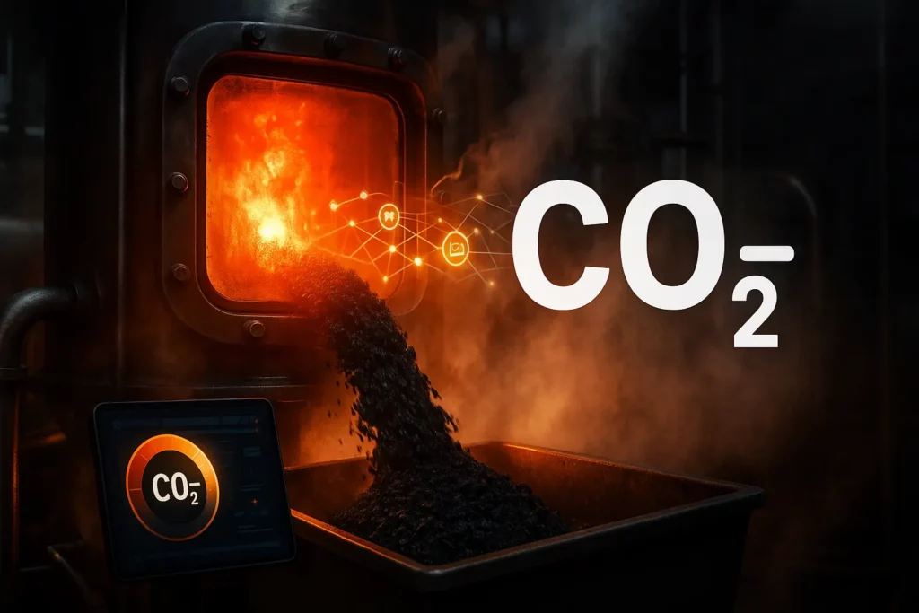 Industrial pyrolysis reactor glowing red, biochar cascading into a bin, overlayed with a CO₂ e "-" icon indicating negative emissions.