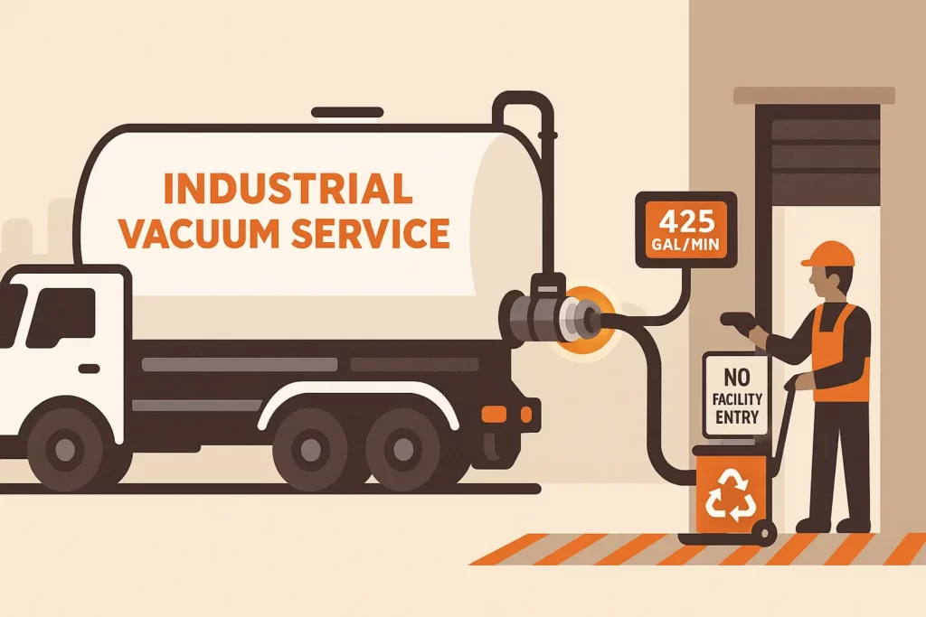 Grease Connections Vacuum tanker coupling to stainless quick disconnect outside a loading bay