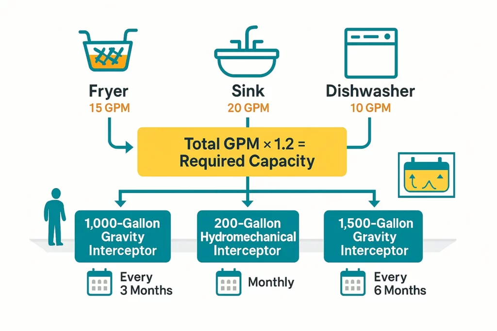infographic flowchart showing fixture count → flow calculation → interceptor size → maintenance schedule.