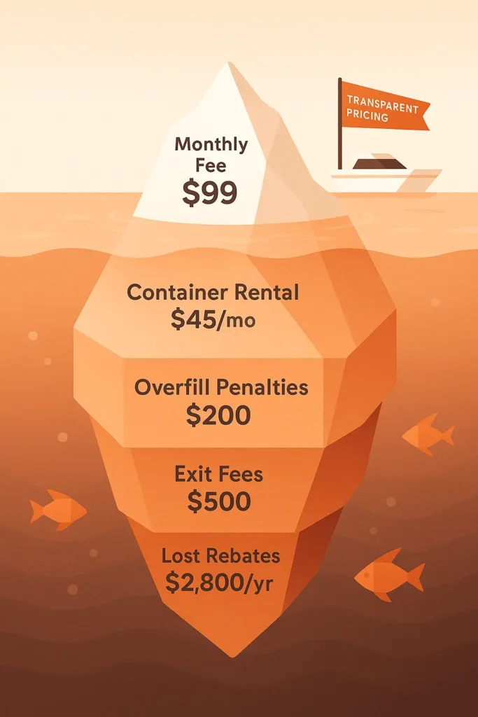Cost iceberg" graphic showing small visible fee above water, larger hidden fees below