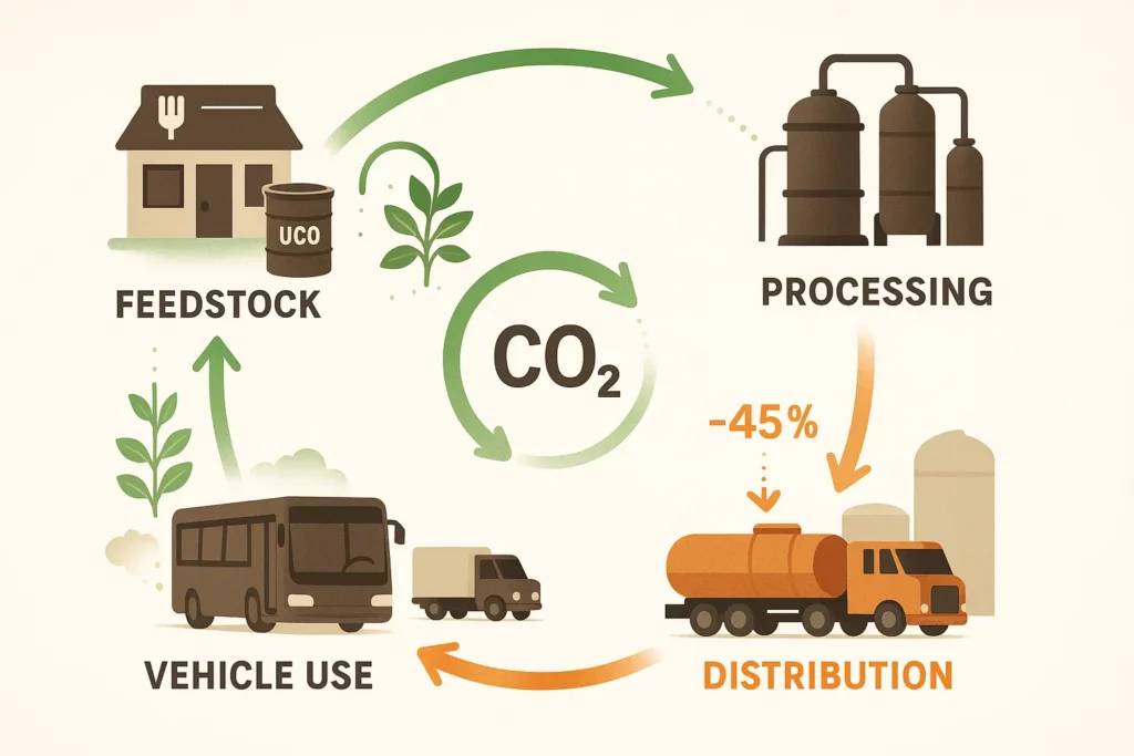 Infographic showing the biodiesel lifecycle stages (feedstock→processing→distribution→vehicle) with CO₂ arrows mirrors Figure 2 in NREL guide.