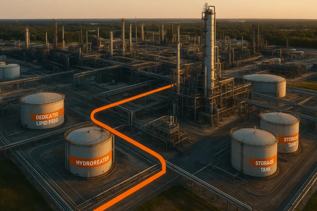 Aerial of refinery with dedicated lipid feed line highlighted.
