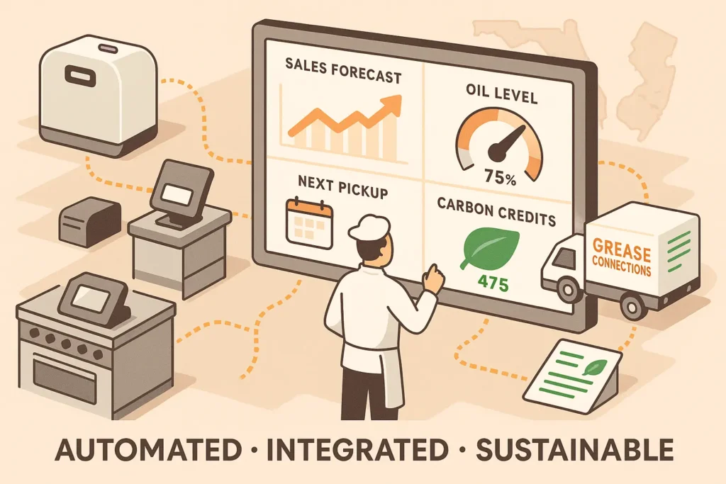 Flat design graphic of a POS screen displaying tomorrow's sales forecast alongside an automated oil pickup timer]