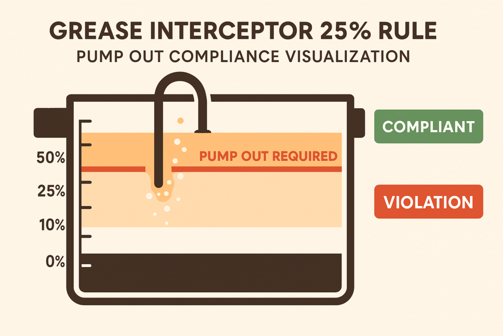 Cutaway graphic of a grease interceptor showing 25 % grease layer and pump out hose.