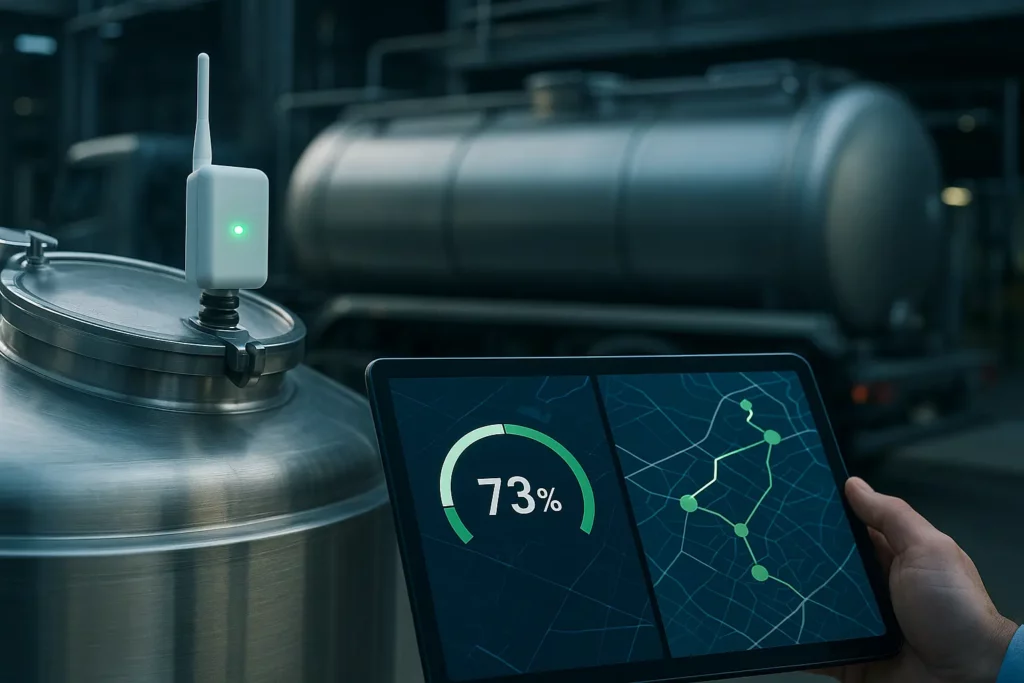 A steel UCO tank with a small antenna blinking green as a driver's tablet shows live volume stats and an optimized route map.