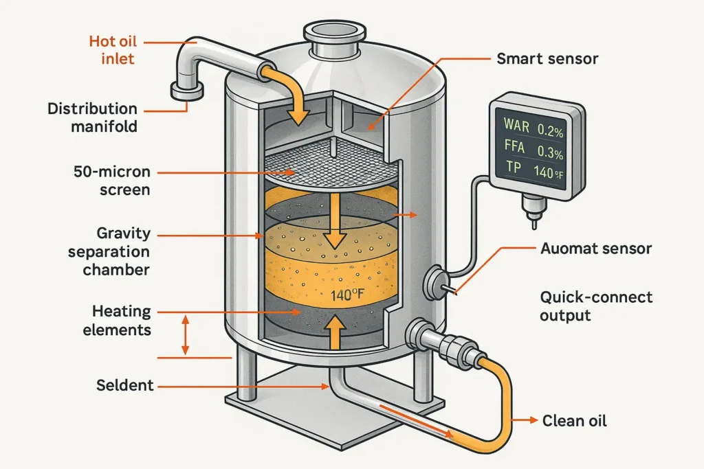 labeled cutaway of the filter tank showing oil layer, mesh, sediment, and sensor.