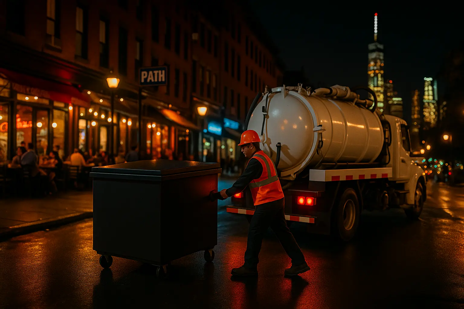 jersey city grease connections worker delivering a used cooking oil container tank and a vacuum truck to collect the used cooking oil