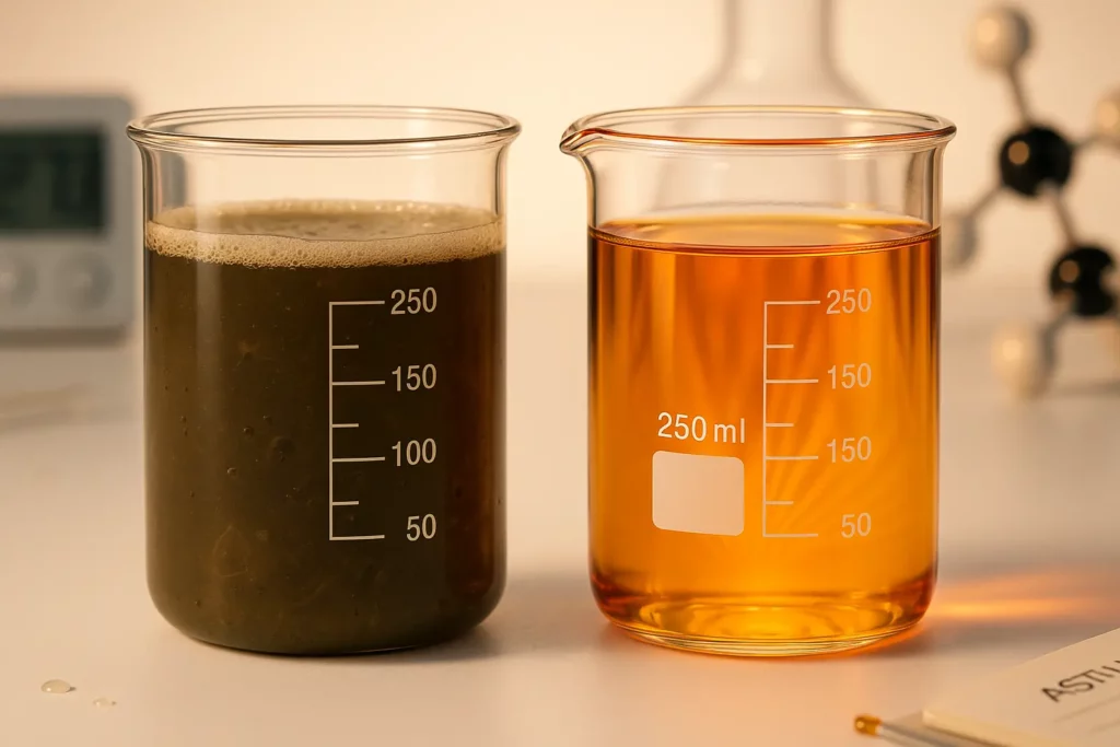 Macro shot of clear amber biodiesel in a lab beaker beside cloudy pre-filtered oil.