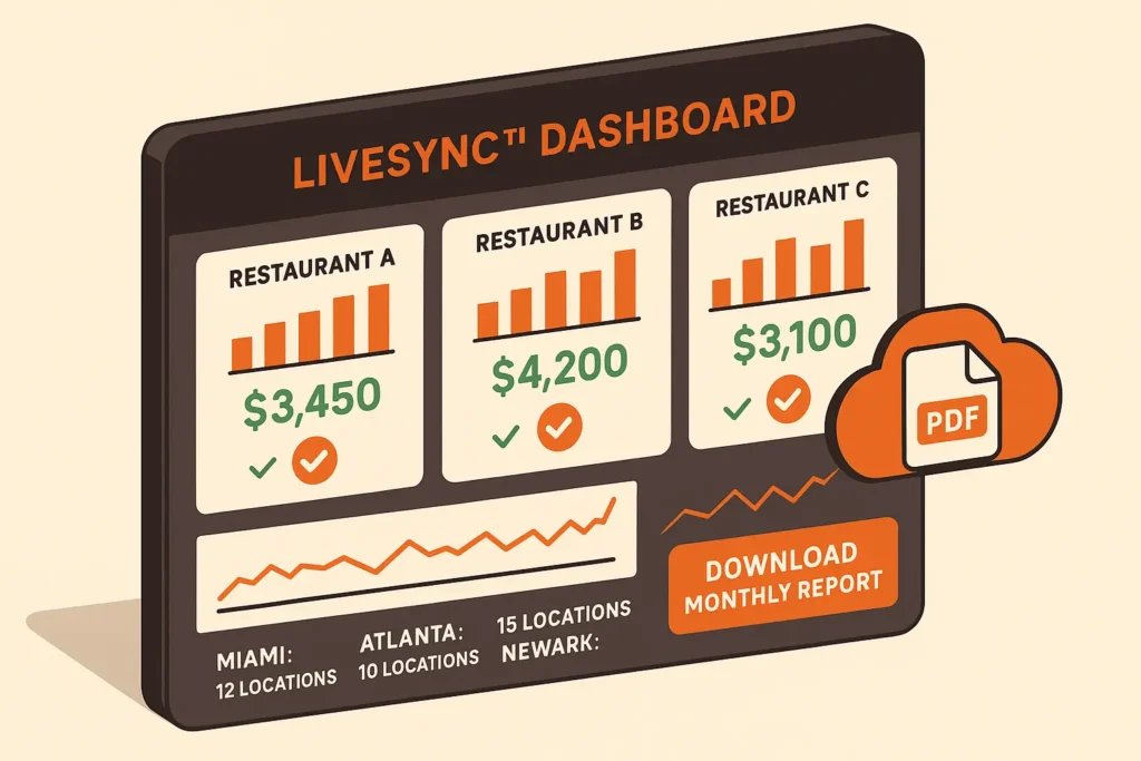 dashboard screenshot concept showing pickup volumes, rebates, and compliance ticks for three restaurant brands