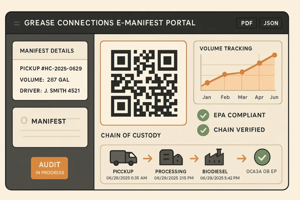 dashboard screenshot mock up showing QR coded e manifest with volume graph overlay