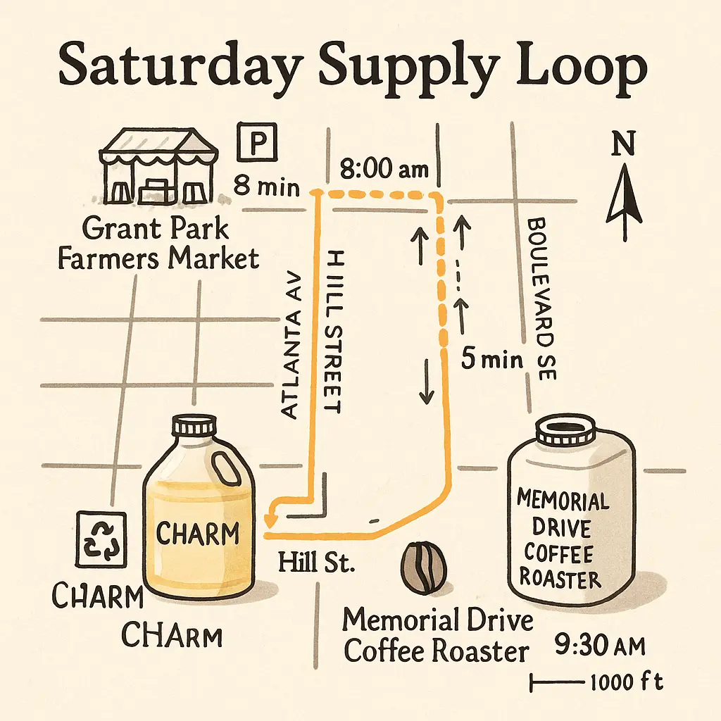 Map sketch showing Hill Street facility, market, and café supply triangle