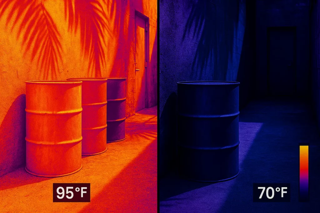 A thermal image of a Miami alley showing 55‑gallon drums reading 95 °F versus a shaded drum at 70 °F