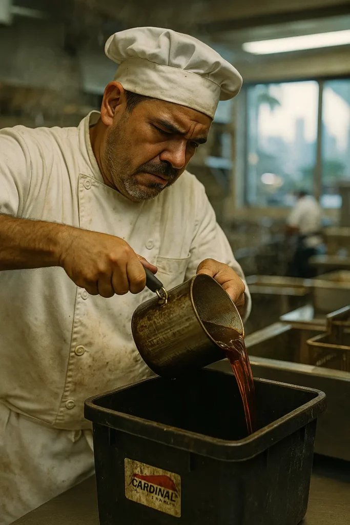 Miami restaurant chef pouring used cooking oil from metal pot into black commercial recycling container in busy kitchen with palm trees visible through window