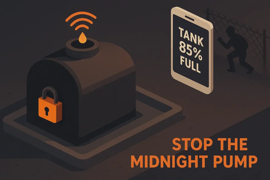 illustration of a lockable outdoor oil tank with a sensor sending a smartphone alert, caption "Stop the Midnight Pump