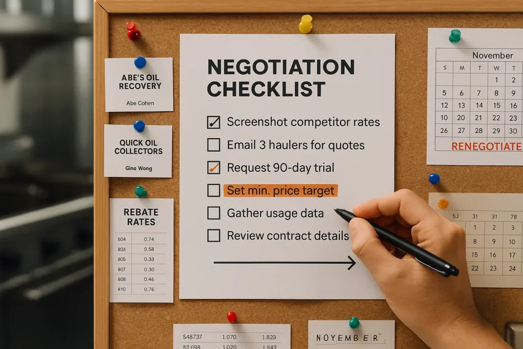 Negotiation checklist pinned to a kitchen bulletin board