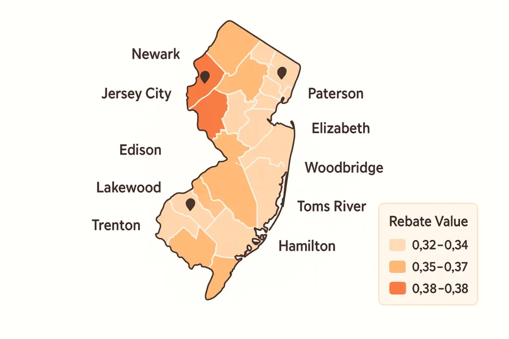 NJ map heat shaded by average rebate value, pins at ten largest municipalities
