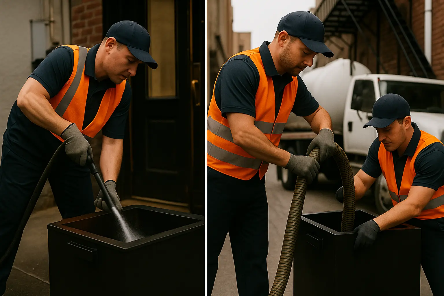 grease connections techs cleaning and collecting used cooking oil