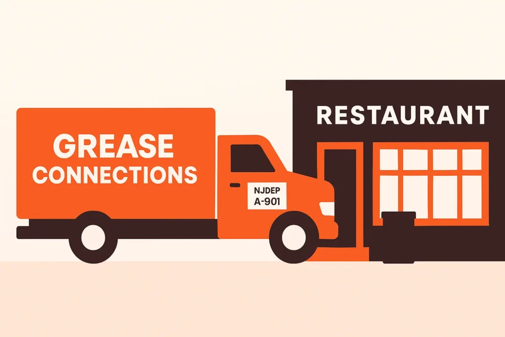 A Grease Connections truck displaying its NJDEP A 901 decal, pulled up behind a restaurant's grease bin.