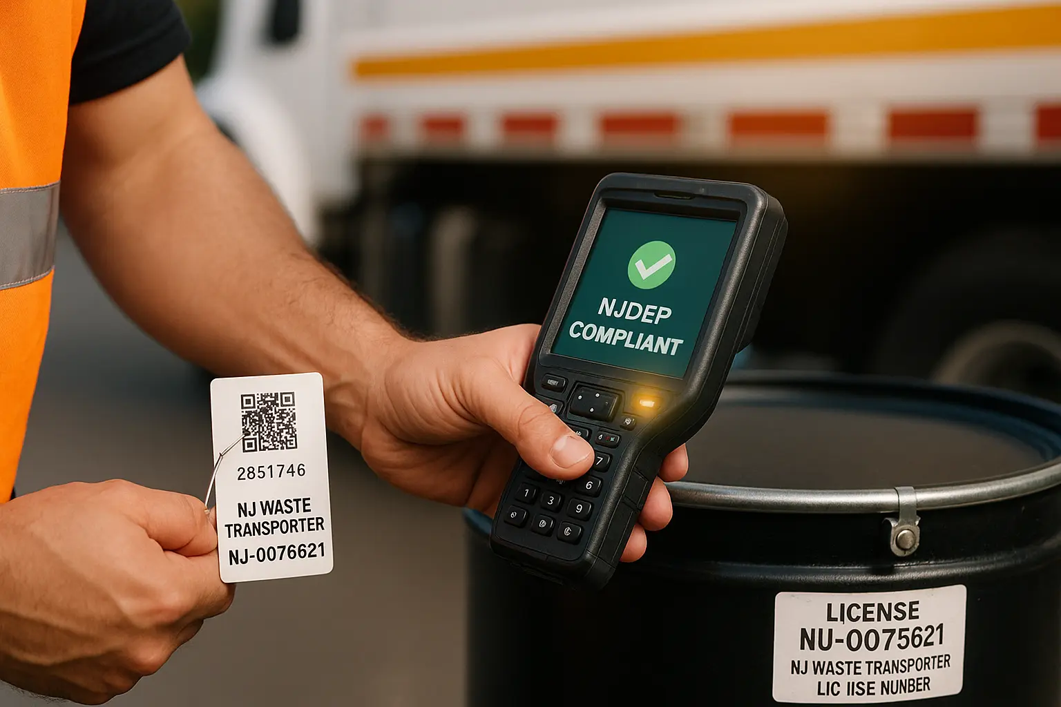 Operator scanning barrel tag; alt "RFID scanned grease pick up ensures NJDEP compliance.