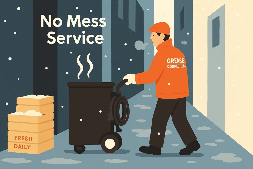 White gloved technician rolling the square caddy down a narrow alley, steam rising in winter air.