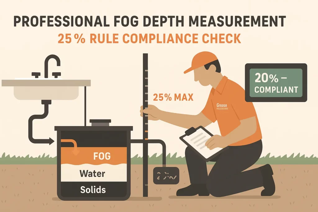 field photo of a Grease Connections technician measuring FOG depth with a stadia rod inside an interceptor