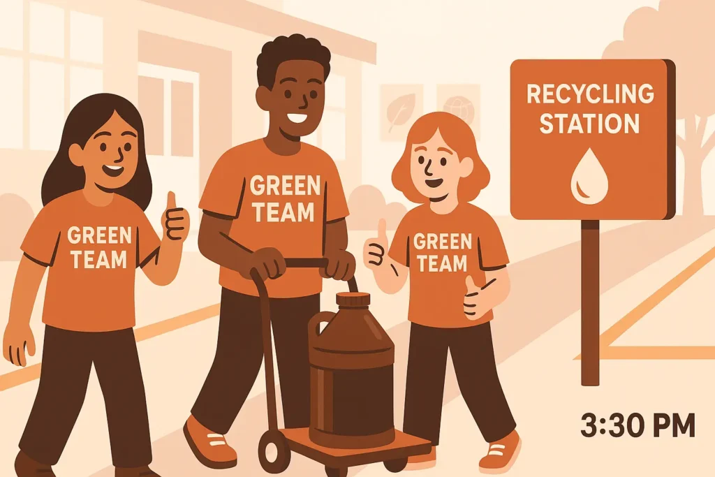 Photo of student green team wheeling a sealed five gallon oil jug to the outdoor recycling station.