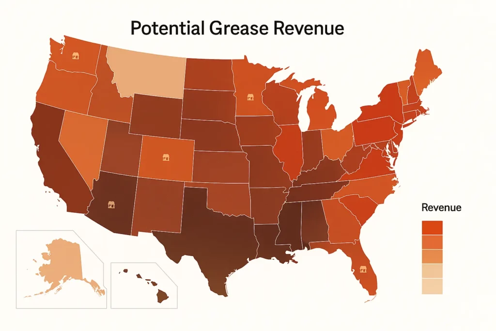 potential grease revenue heat map showing the highest and lowest states in the us