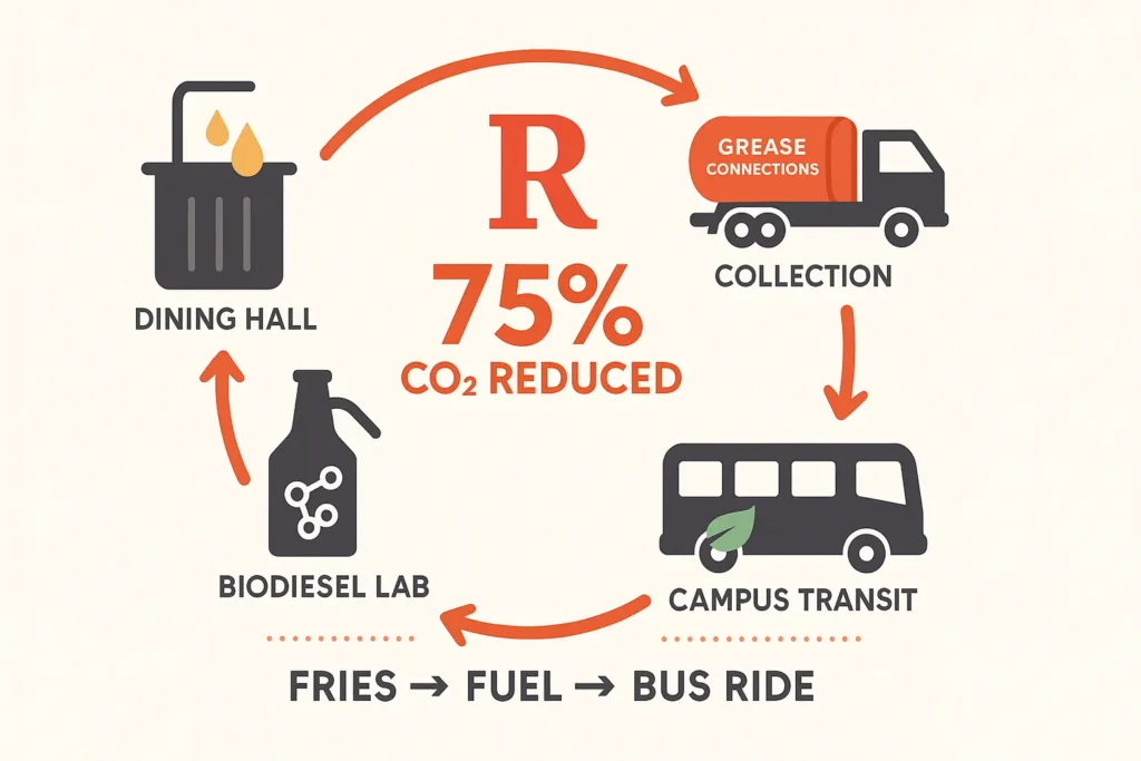 simple infographic arrows from fryer, to tanker, to biodiesel lab flask, to campus bus