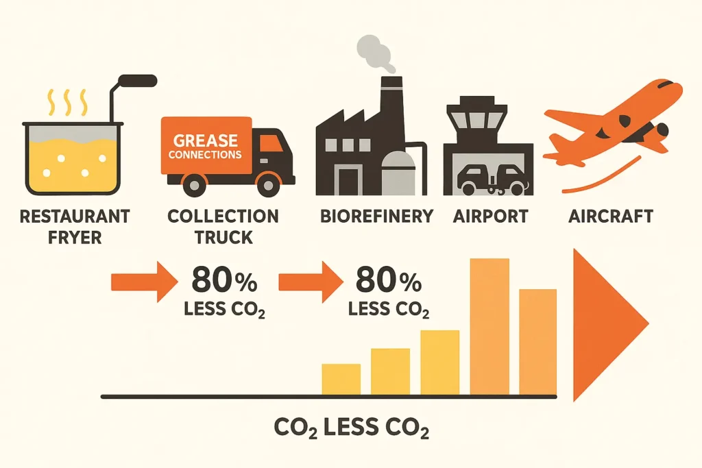 flowchart: fryer → collection truck → biorefinery → airport fuel farm → airplane, with CO₂ bar shrinking.