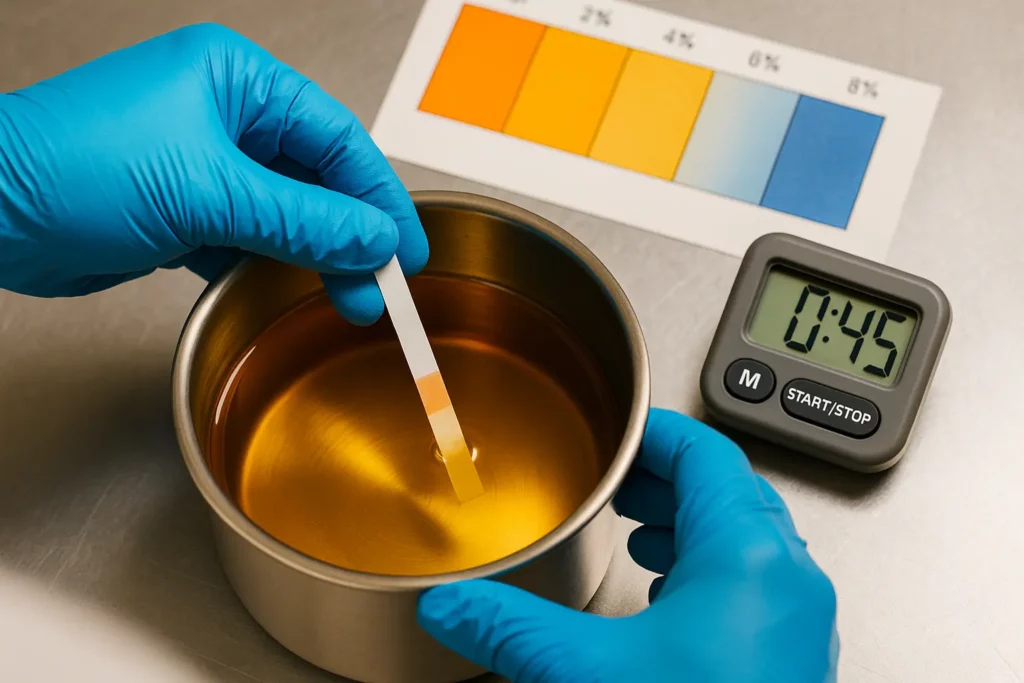 Gloved cook dipping an FFA strip into filtered oil with a comparison chart in the background.