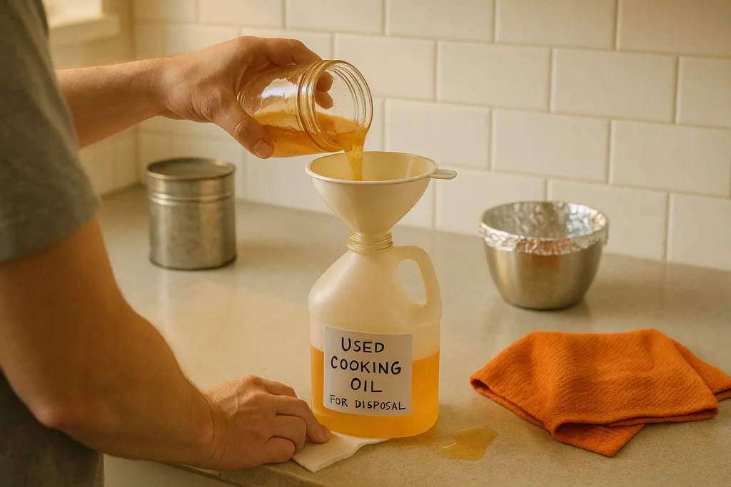 Same kitchen, hands using white funnel to pour strained oil into repurposed milk jug