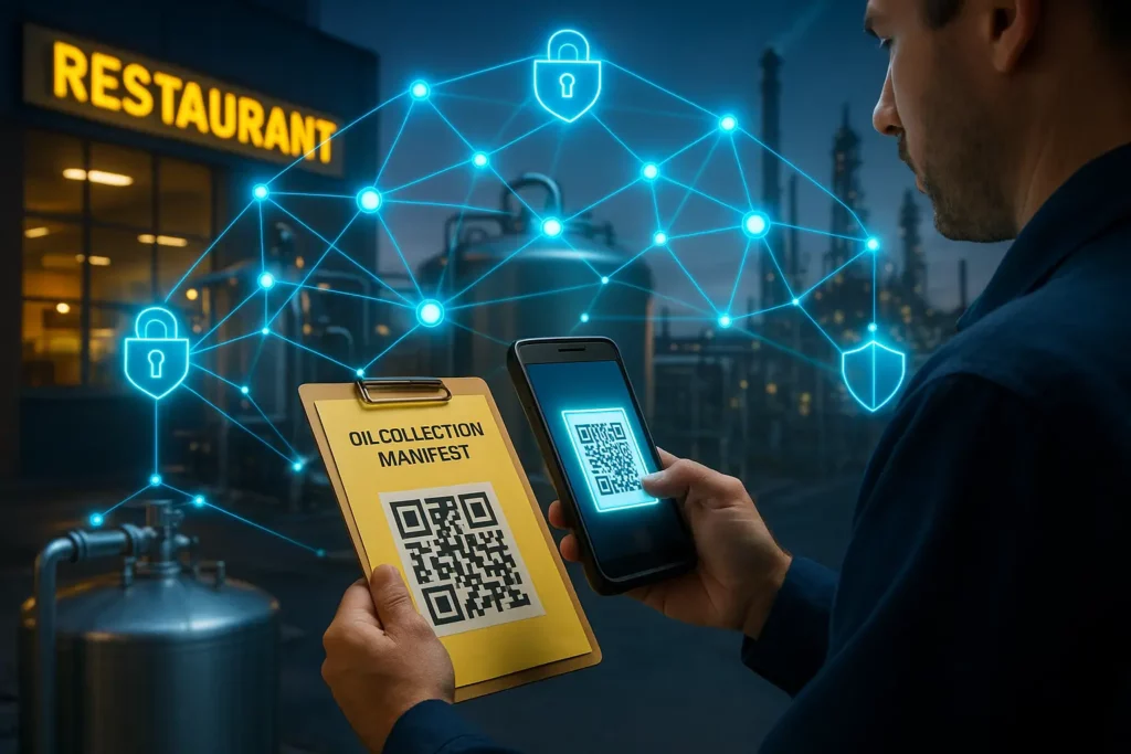 Graphic overlay of a QR coded manifest being scanned as a truck offloads oil, blockchain nodes glowing along a digital supply chain.